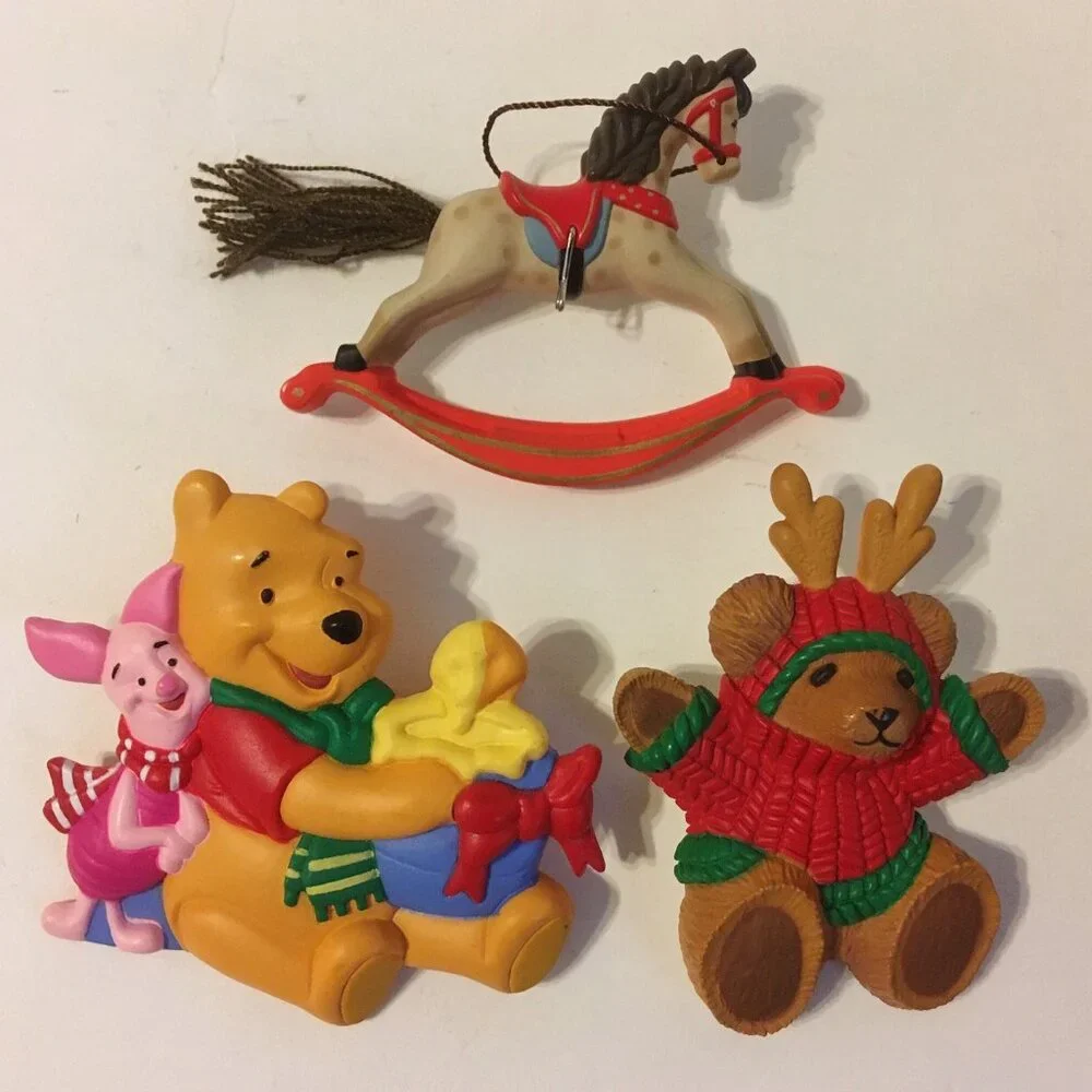 3 Pins Brooch Disney Hallmark Cards Holiday Piglet Pooh Bear Teddy Rocking Horse